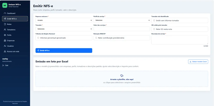 Tela do Emissor NFS-e Nacional Multiempresa com menus de Emitir NFS-e, Notas, Tomadores, Perfis, Empresas, Usuários e emissão em lote por Excel